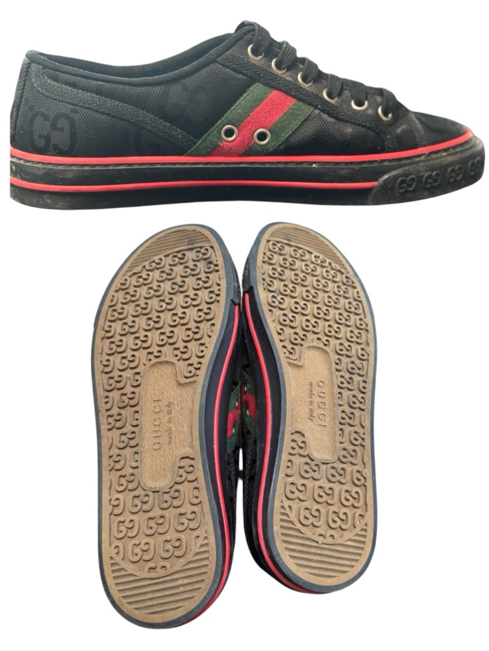 Gucci Tennis 1977 Sneakers Black GG Canvas Web Stripe Size 38
